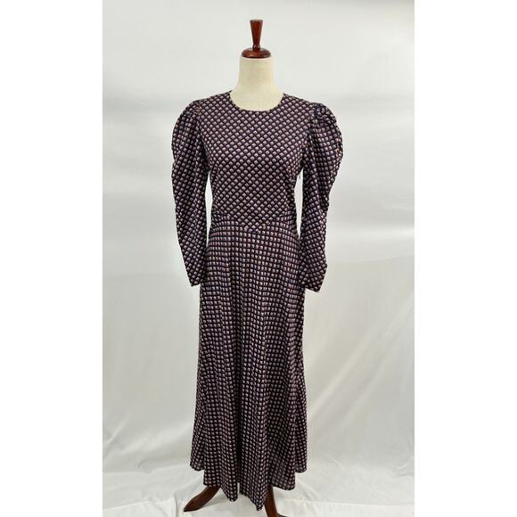 DOEN Sz S Small Vittoria Dress Puff Long Sleeve Midi Harbor Medallion Blue Fall - Picture 2 of 13